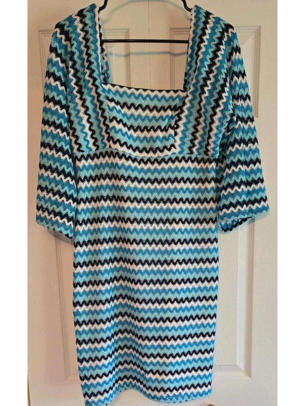Trina Turk Blue, White & Black Zigzag Knit Dress